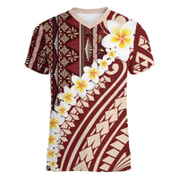 Red Vintage Tonga Ngatu Pattern With Plumeria Women V-Neck T-Shirt LT05 Female Red - Polynesian Pride