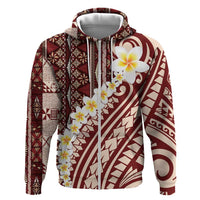 Red Vintage Tonga Ngatu Pattern With Plumeria Zip Hoodie LT05 Zip Hoodie Red - Polynesian Pride