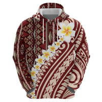 Red Vintage Tonga Ngatu Pattern With Plumeria Zip Hoodie LT05 - Polynesian Pride