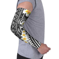 Black Vintage Tonga Ngatu Pattern Arm Sleeves - Plumeria Design LT05 - Polynesian Pride