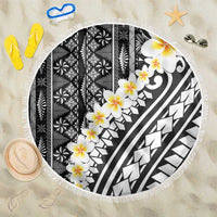 Black Vintage Tonga Ngatu Pattern With Plumeria Beach Blanket - Polynesian Pride