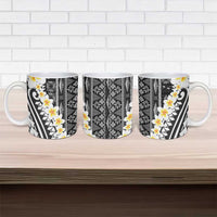 Black Vintage Tonga Ngatu Pattern With Plumeria Ceramic Mug - Polynesian Pride