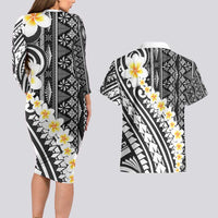 Black Vintage Tonga Ngatu Pattern With Plumeria Couples Matching Long Sleeve Bodycon Dress and Hawaiian Shirt LT05 - Polynesian Pride