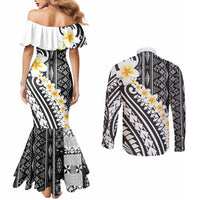 Black Vintage Tonga Ngatu Pattern With Plumeria Couples Matching Mermaid Dress and Long Sleeve Button Shirt LT05 - Polynesian Pride