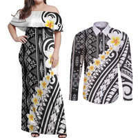 Black Vintage Tonga Ngatu Pattern With Plumeria Couples Matching Off Shoulder Maxi Dress and Long Sleeve Button Shirt - Polynesian Pride