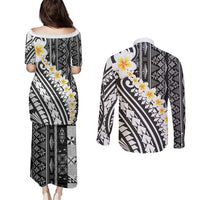 Black Vintage Tonga Ngatu Pattern With Plumeria Couples Matching Puletasi and Long Sleeve Button Shirt LT05 - Polynesian Pride