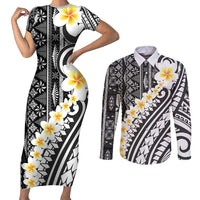 Black Vintage Tonga Ngatu Pattern With Plumeria Couples Matching Short Sleeve Bodycon Dress and Long Sleeve Button Shirt LT05 Black - Polynesian Pride