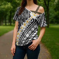 Black Vintage Tonga Ngatu Pattern With Plumeria Cross Shoulder Shirt LT05 - Polynesian Pride
