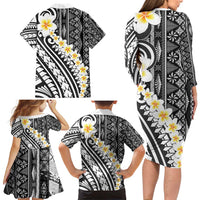 Black Vintage Tonga Ngatu Pattern With Plumeria Family Matching Long Sleeve Bodycon Dress and Hawaiian Shirt - Polynesian Pride