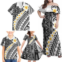 Black Vintage Tonga Ngatu Pattern With Plumeria Family Matching Off Shoulder Maxi Dress and Hawaiian Shirt - Polynesian Pride