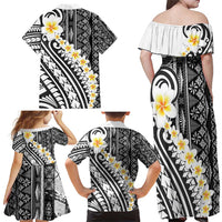 Black Vintage Tonga Ngatu Pattern With Plumeria Family Matching Off Shoulder Maxi Dress and Hawaiian Shirt - Polynesian Pride