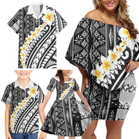 Black Vintage Tonga Ngatu Pattern With Plumeria Family Matching Off Shoulder Short Dress and Hawaiian Shirt - Polynesian Pride