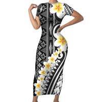 Black Vintage Tonga Ngatu Pattern With Plumeria Family Matching Short Sleeve Bodycon Dress and Hawaiian Shirt - Polynesian Pride