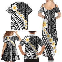 Black Vintage Tonga Ngatu Pattern With Plumeria Family Matching Summer Maxi Dress and Hawaiian Shirt - Polynesian Pride