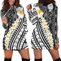 Black Vintage Tonga Ngatu Pattern With Plumeria Hoodie Dress - Polynesian Pride