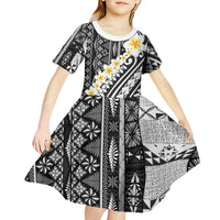 Black Vintage Tonga Ngatu Pattern With Plumeria Kid Short Sleeve Dress LT05 - Polynesian Pride