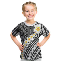 Black Vintage Tonga Ngatu Pattern With Plumeria Kid T Shirt LT05 Black - Polynesian Pride