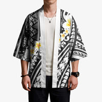 Black Vintage Tonga Ngatu Pattern With Plumeria Kimono LT05 - Polynesian Pride