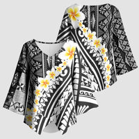 Black Vintage Tonga Ngatu Pattern With Plumeria Kimono Sleeve Blouse LT05 - Polynesian Pride