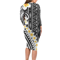 Black Vintage Tonga Ngatu Pattern With Plumeria Long Sleeve Bodycon Dress - Polynesian Pride