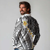 Black Vintage Tonga Ngatu Pattern With Plumeria Long Sleeve Polo Shirt LT05 - Polynesian Pride