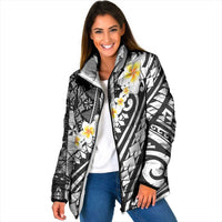 Black Vintage Tonga Ngatu Pattern With Plumeria Padded Jacket LT05 Women Black - Polynesian Pride