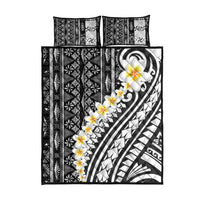 Black Vintage Tonga Ngatu Pattern With Plumeria Quilt Bed Set - Polynesian Pride