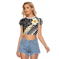 Black Vintage Tonga Ngatu Pattern With Plumeria Raglan Cropped T Shirt LT05 Female Black - Polynesian Pride