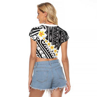 Black Vintage Tonga Ngatu Pattern With Plumeria Raglan Cropped T Shirt LT05 - Polynesian Pride