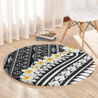 Black Vintage Tonga Ngatu Pattern With Plumeria Round Carpet - Polynesian Pride