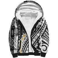 Black Vintage Tonga Ngatu Pattern With Plumeria Sherpa Hoodie - Polynesian Pride