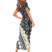 Black Vintage Tonga Ngatu Pattern With Plumeria Short Sleeve Bodycon Dress LT05 - Polynesian Pride