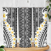 Black Vintage Tonga Ngatu Pattern With Plumeria Skinny Tumbler LT05 - Polynesian Pride