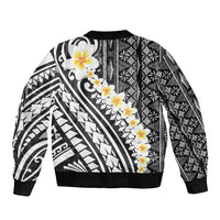 Black Vintage Tonga Ngatu Pattern With Plumeria Sleeve Zip Bomber Jacket - Polynesian Pride
