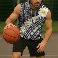 Black Vintage Tonga Ngatu Pattern With Plumeria Sleeveless Zip Hoodie LT05 - Polynesian Pride