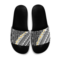 Black Vintage Tonga Ngatu Pattern With Plumeria Slide Sandals - Polynesian Pride