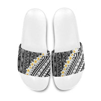 Black Vintage Tonga Ngatu Pattern With Plumeria Slide Sandals - Polynesian Pride