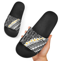 Black Vintage Tonga Ngatu Pattern With Plumeria Slide Sandals - Polynesian Pride