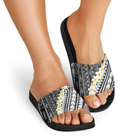Black Vintage Tonga Ngatu Pattern With Plumeria Slide Sandals - Polynesian Pride