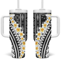 Black Vintage Tonga Ngatu Pattern With Plumeria Tumbler With Handle - Polynesian Pride