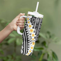 Black Vintage Tonga Ngatu Pattern With Plumeria Tumbler With Handle - Polynesian Pride