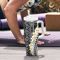 Black Vintage Tonga Ngatu Pattern With Plumeria Tumbler With Handle - Polynesian Pride