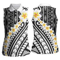 Black Vintage Tonga Ngatu Pattern With Plumeria Women Sleeveless Polo Shirt LT05 - Polynesian Pride