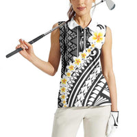 Black Vintage Tonga Ngatu Pattern With Plumeria Women Sleeveless Polo Shirt LT05 - Polynesian Pride