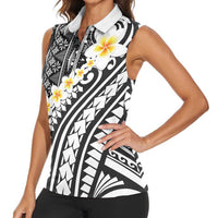 Black Vintage Tonga Ngatu Pattern With Plumeria Women Sleeveless Polo Shirt LT05 - Polynesian Pride