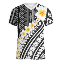 Black Vintage Tonga Ngatu Pattern With Plumeria Women V-Neck T-Shirt LT05 Female Black - Polynesian Pride