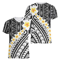 Black Vintage Tonga Ngatu Pattern With Plumeria Women V-Neck T-Shirt LT05 - Polynesian Pride