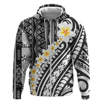 Black Vintage Tonga Ngatu Pattern With Plumeria Zip Hoodie LT05 Zip Hoodie Black - Polynesian Pride