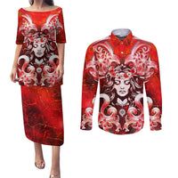Hawaii Goddess Of Fire Madame Pele Couples Matching Puletasi and Long Sleeve Button Shirt Polynesian Style LT05 Red - Polynesian Pride