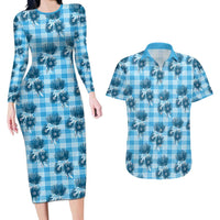 Blue Palaka Hawaii Couples Matching Long Sleeve Bodycon Dress and Hawaiian Shirt Hawaiian Lehua Blossoms
